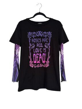 Dolls Kill Widow Problematic Poetry Mesh Sleeve Twofer Layered T-Shirt XXS